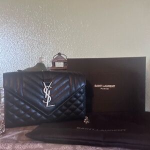 Saint Laurent Silver Quilted Leather Clutch YSLLogo Envelope Pouch w box dustbag